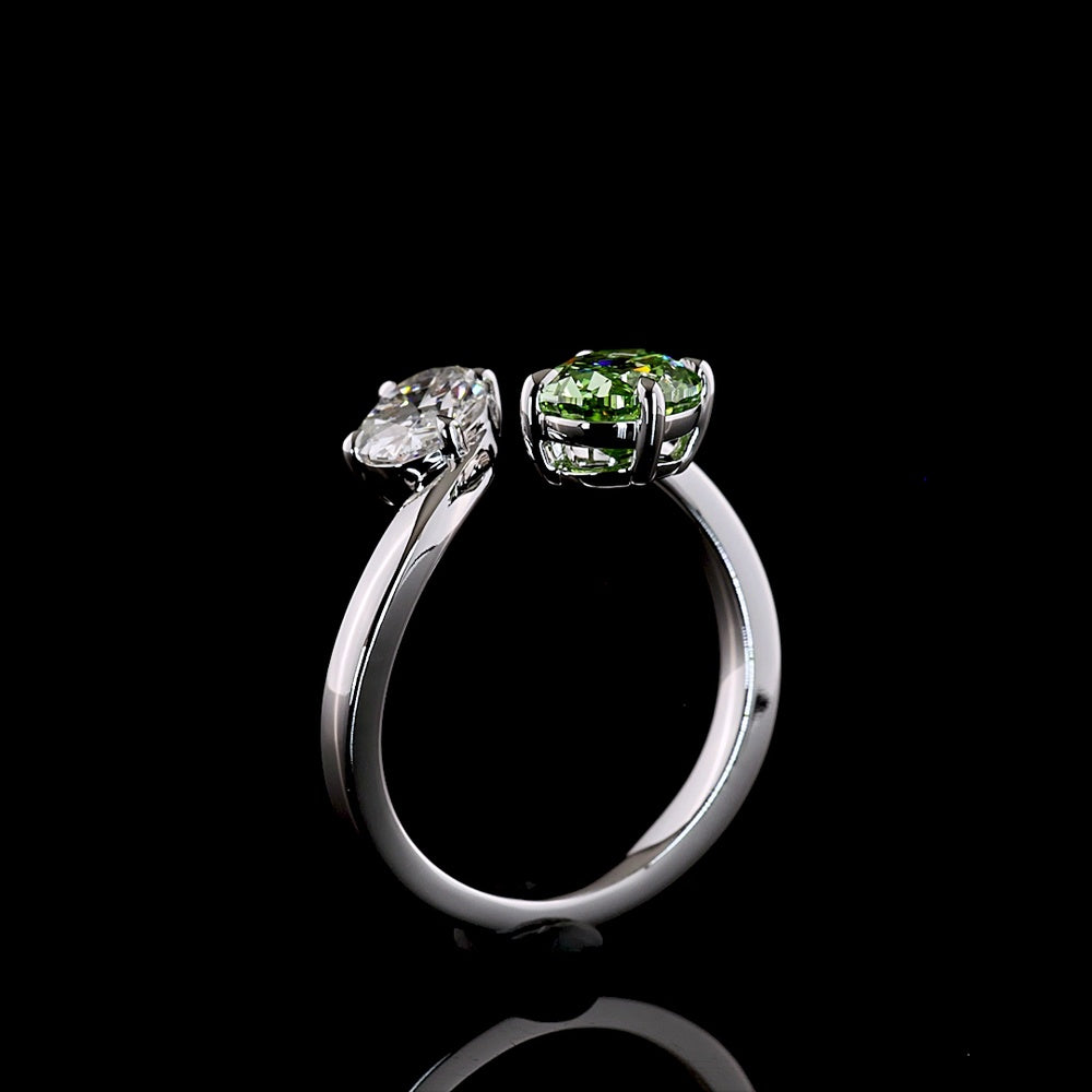 14K White Gold Toi et Moi Ring with 1.54 Carats Oval Bright Green Lab Diamond and 0.70 Carats Oval Colorless Lab Diamond - 2.24 Carats Total Diamond Weight - Covaloro Fine Jewelry