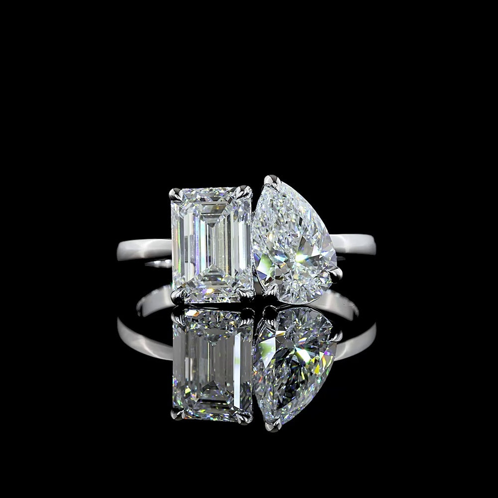 14K White Gold Toi et Moi Ring with 1.80 Carats Emerald Cut F VS1 Lab Diamond and 1.25 Carats Pear Shape E VVS2 Lab Diamond - 3.05 Carats Total Diamond Weight - Covaloro Fine Jewelry