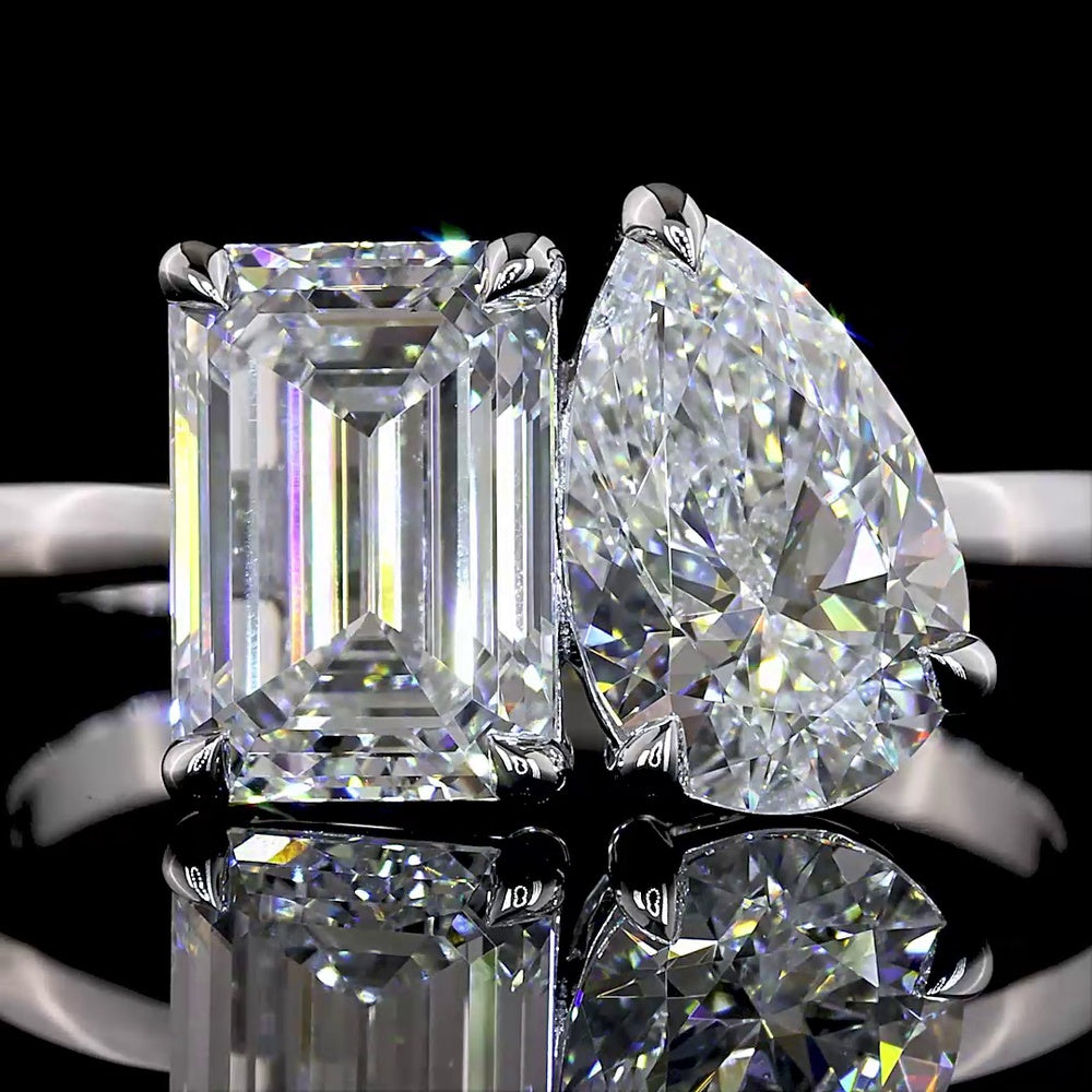 14K White Gold Toi et Moi Ring with 1.80 Carats Emerald Cut F VS1 Lab Diamond and 1.25 Carats Pear Shape E VVS2 Lab Diamond - 3.05 Carats Total Diamond Weight - Covaloro Fine Jewelry