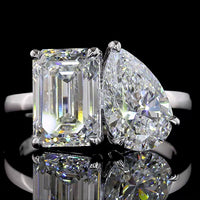 14K White Gold Toi et Moi Ring with 3.03 Carat Emerald Cut and 2.03 Carat Pear Shape Lab Diamonds - 5.06 Carat Total Diamond Weight - Covaloro Fine Jewelry