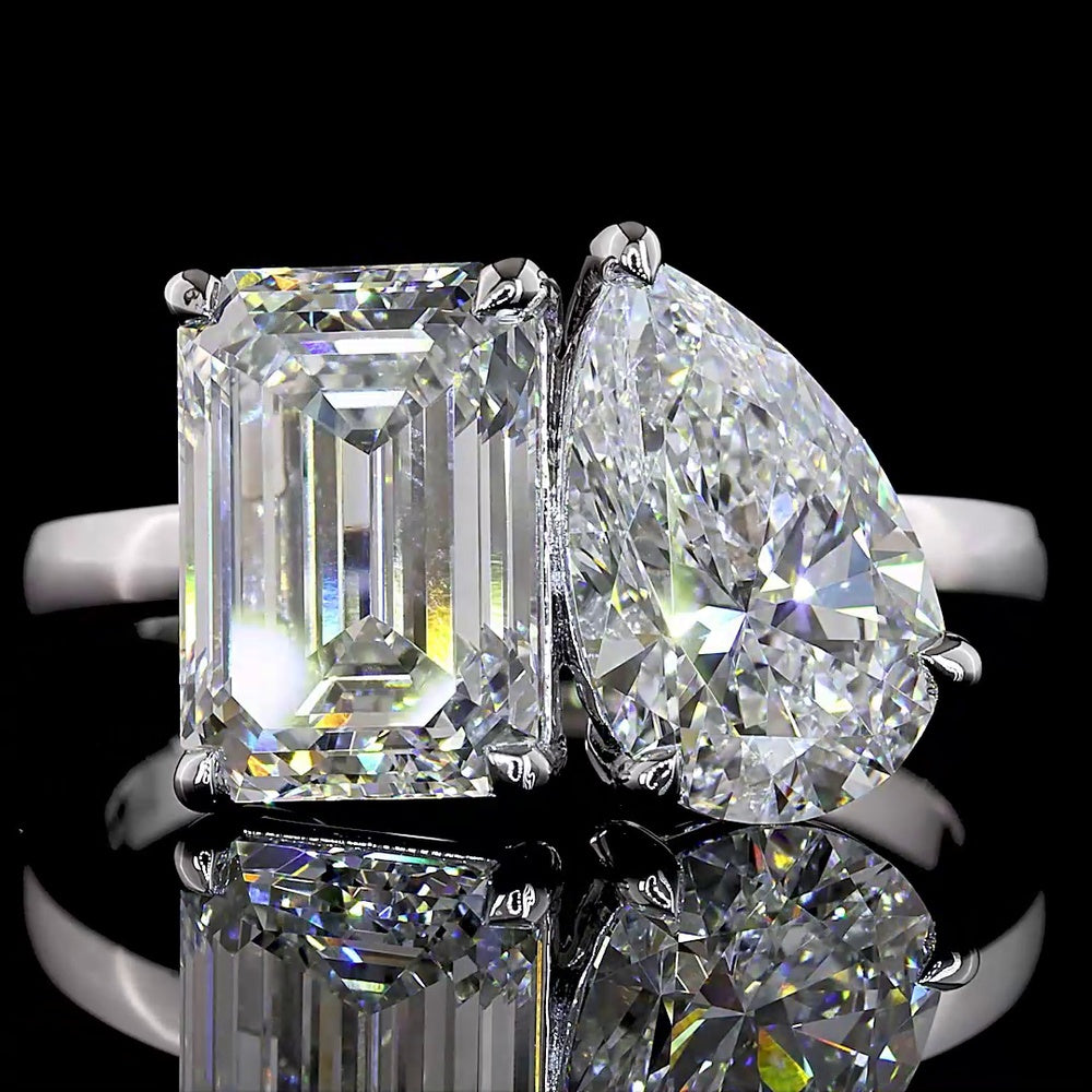 14K White Gold Toi et Moi Ring with 3.03 Carat Emerald Cut and 2.03 Carat Pear Shape Lab Diamonds - 5.06 Carat Total Diamond Weight - Covaloro Fine Jewelry