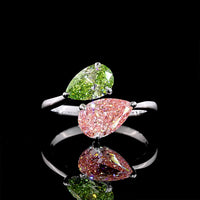 14K White Gold Toi et Moi Ring with Inclined Pear Shape Fancy Vivid Pink and Green Lab Diamonds - 2.51 Carat Total Weight - Covaloro Fine Jewelry