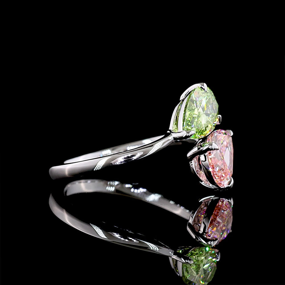 14K White Gold Toi et Moi Ring with Inclined Pear Shape Fancy Vivid Pink and Green Lab Diamonds - 2.51 Carat Total Weight - Covaloro Fine Jewelry