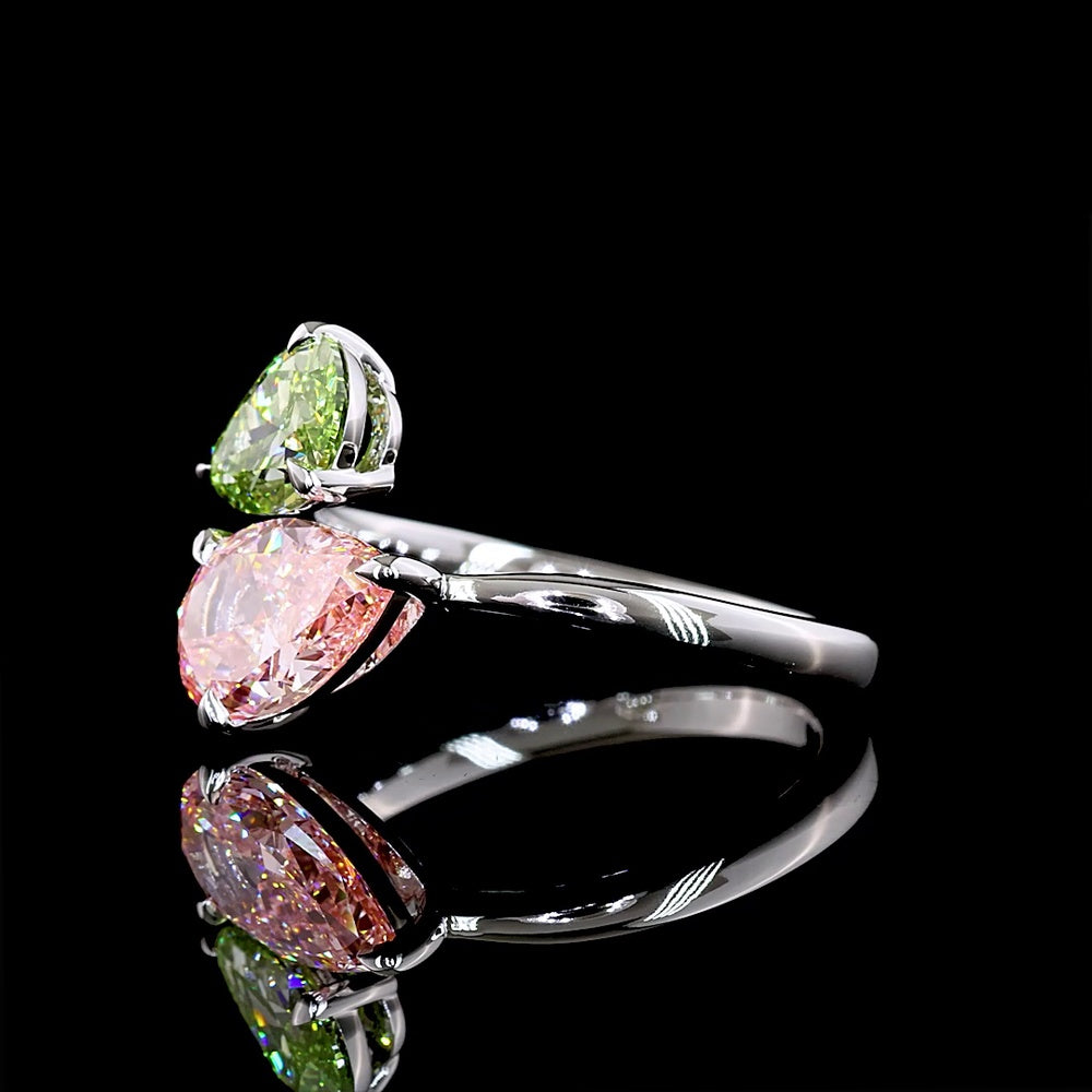 14K White Gold Toi et Moi Ring with Inclined Pear Shape Fancy Vivid Pink and Green Lab Diamonds - 2.51 Carat Total Weight - Covaloro Fine Jewelry