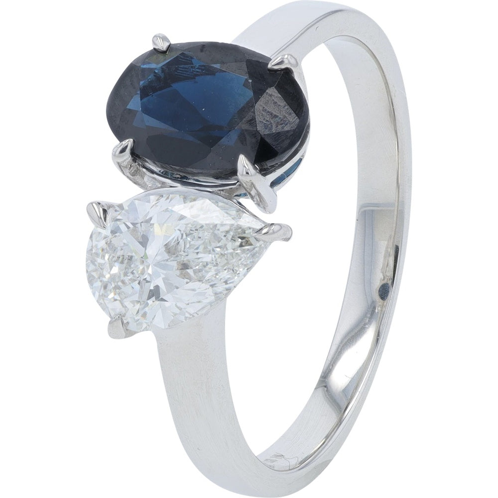 14K White Gold Toi et Moi Ring with Pear Lab-Grown Diamond and Oval Sapphire - 1.00 Carat Diamond Total Weight and 1.75 Carat Sapphire Total Weight