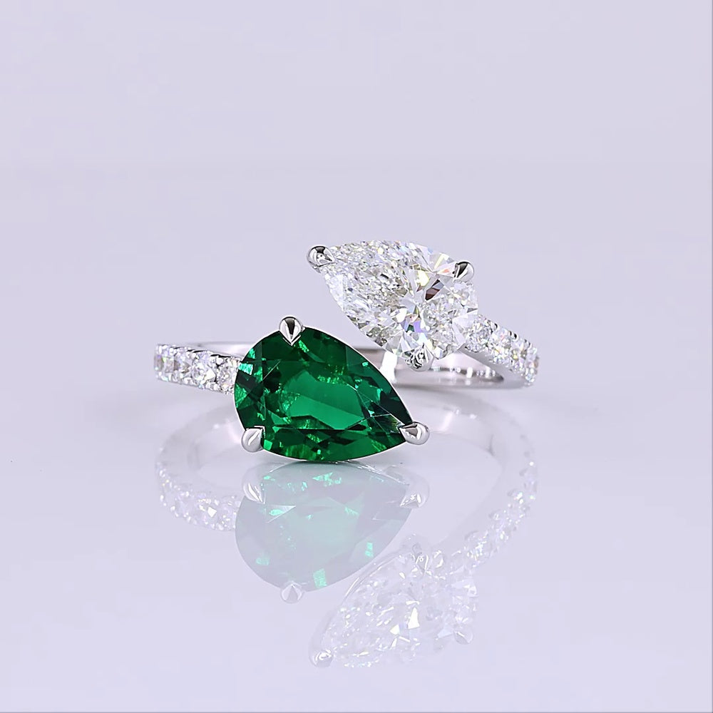 14K White Gold Toi et Moi Ring with Pear Shape Lab Emerald and E VS1 Lab Diamond - 1.60 Carats Total Gem Weight with 0.50 Carats Accent Diamonds - Covaloro Fine Jewelry