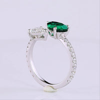 14K White Gold Toi et Moi Ring with Pear Shape Lab Emerald and E VS1 Lab Diamond - 1.60 Carats Total Gem Weight with 0.50 Carats Accent Diamonds - Covaloro Fine Jewelry