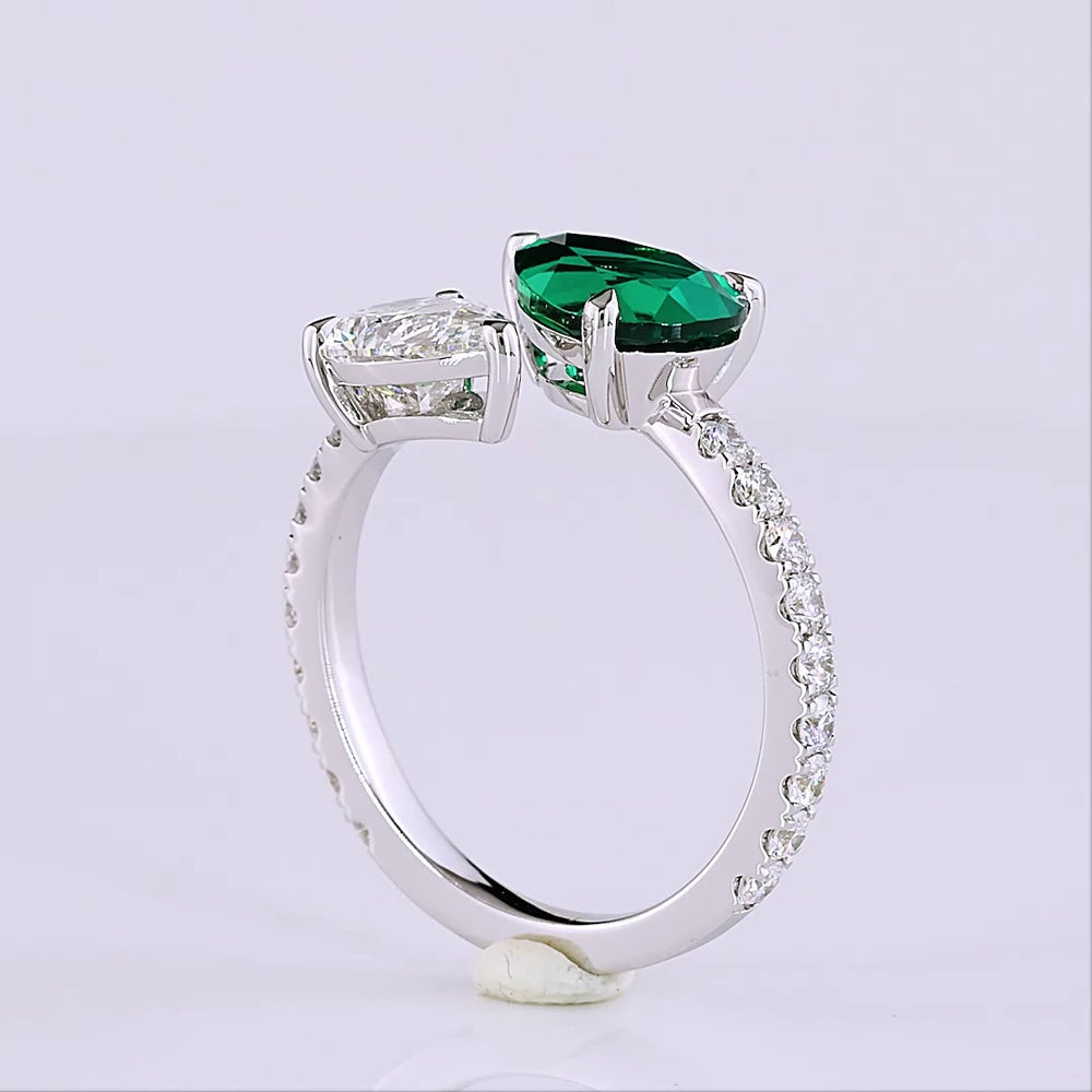 14K White Gold Toi et Moi Ring with Pear Shape Lab Emerald and E VS1 Lab Diamond - 1.60 Carats Total Gem Weight with 0.50 Carats Accent Diamonds - Covaloro Fine Jewelry