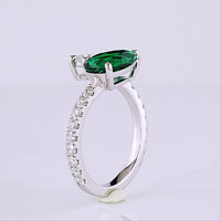 14K White Gold Toi et Moi Ring with Pear Shape Lab Emerald and E VS1 Lab Diamond - 1.60 Carats Total Gem Weight with 0.50 Carats Accent Diamonds - Covaloro Fine Jewelry