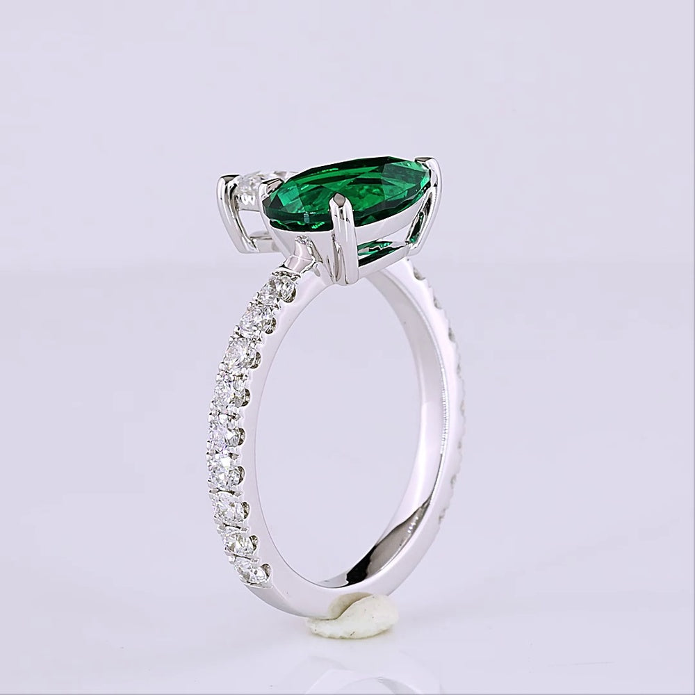 14K White Gold Toi et Moi Ring with Pear Shape Lab Emerald and E VS1 Lab Diamond - 1.60 Carats Total Gem Weight with 0.50 Carats Accent Diamonds - Covaloro Fine Jewelry