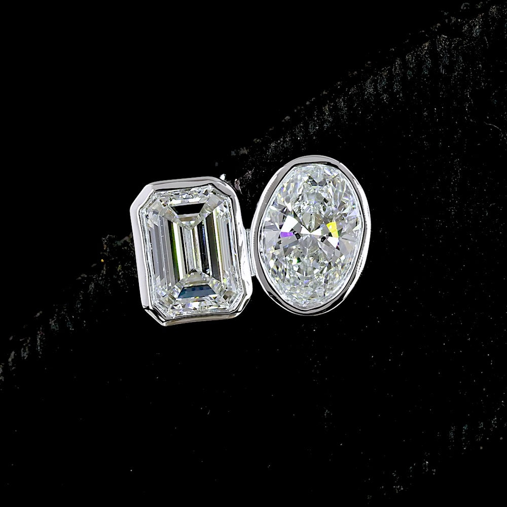 14K White Gold Toi et Moi Stud Earrings with Bezel Set Emerald Cut and Oval Cut Lab Diamonds - 2.05 Carat Total Diamond Weight - Covaloro Fine Jewelry