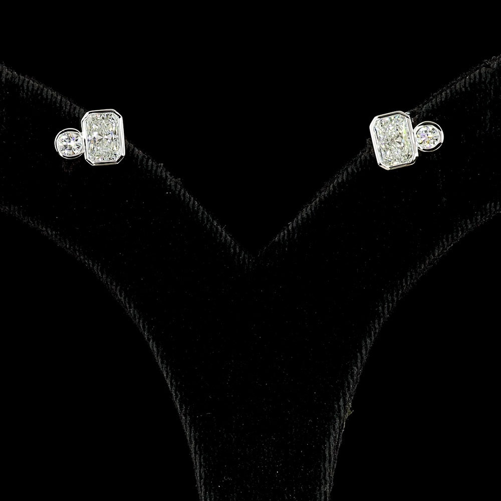 14K White Gold Toi et Moi Stud Earrings with Bezel Set Radiant and Brilliant Cut Lab Diamonds - 1.45 Carat Total Diamond Weight - Covaloro Fine Jewelry