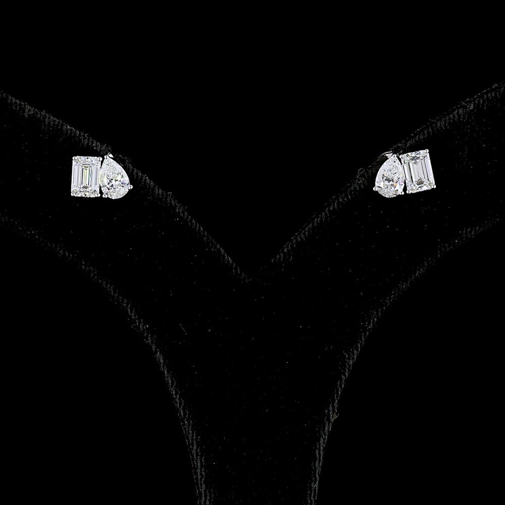 14K White Gold Toi et Moi Stud Earrings with Emerald Cut and Pear Cut Lab Grown CVD Diamonds - 1.77 Carats Total Diamond Weight - Covaloro Fine Jewelry