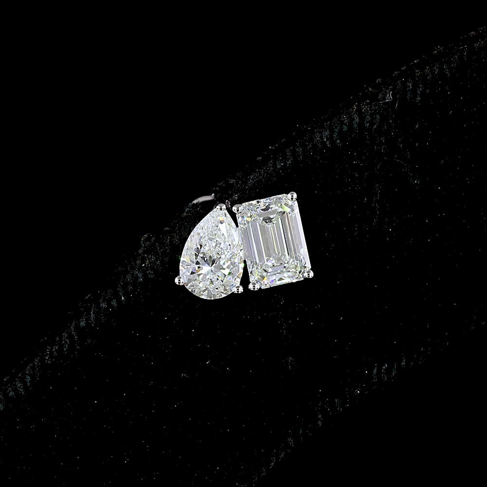 14K White Gold Toi et Moi Stud Earrings with Emerald Cut and Pear Cut Lab Grown CVD Diamonds - 1.77 Carats Total Diamond Weight - Covaloro Fine Jewelry