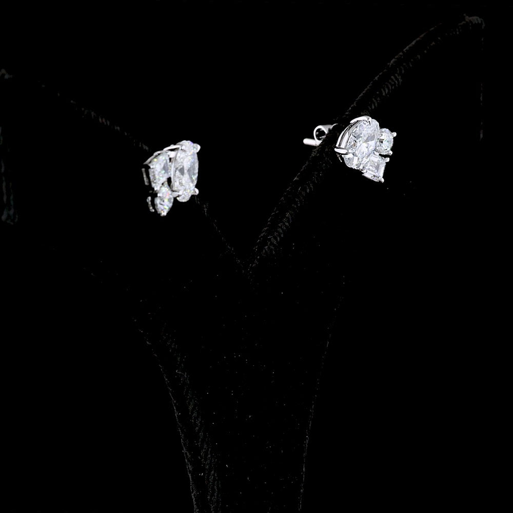 14K White Gold Toi et Moi Stud Earrings with Oval and Emerald Cut Lab Diamonds - 2.30 Total Carat Weight - Covaloro Fine Jewelry