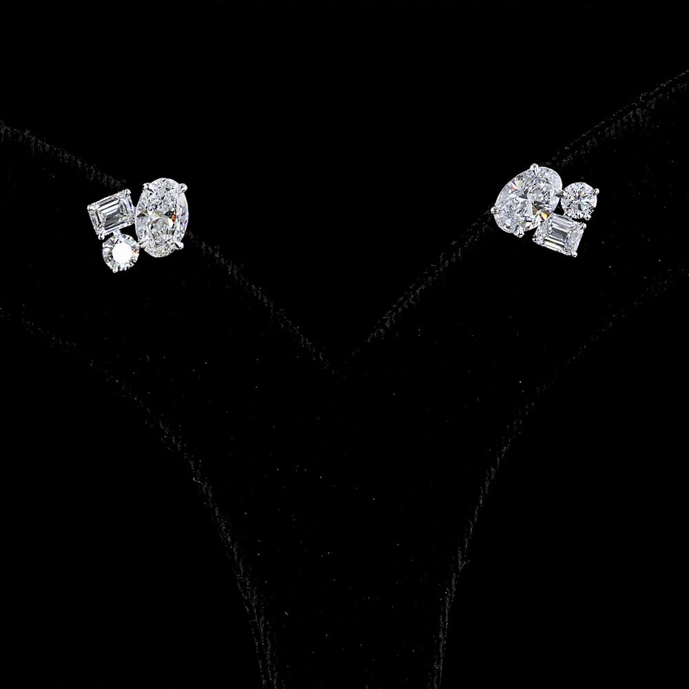 14K White Gold Toi et Moi Stud Earrings with Oval and Emerald Cut Lab Diamonds - 2.30 Total Carat Weight - Covaloro Fine Jewelry