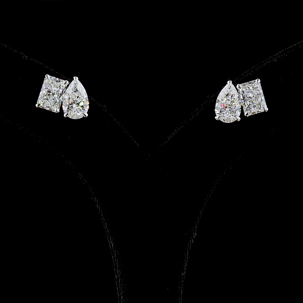 14K White Gold Toi et Moi Stud Earrings with Pear and Radiant Cut Lab Diamonds - 6.07 Total Carat Weight, E Color, VS1-VVS2 Clarity - Covaloro Fine Jewelry