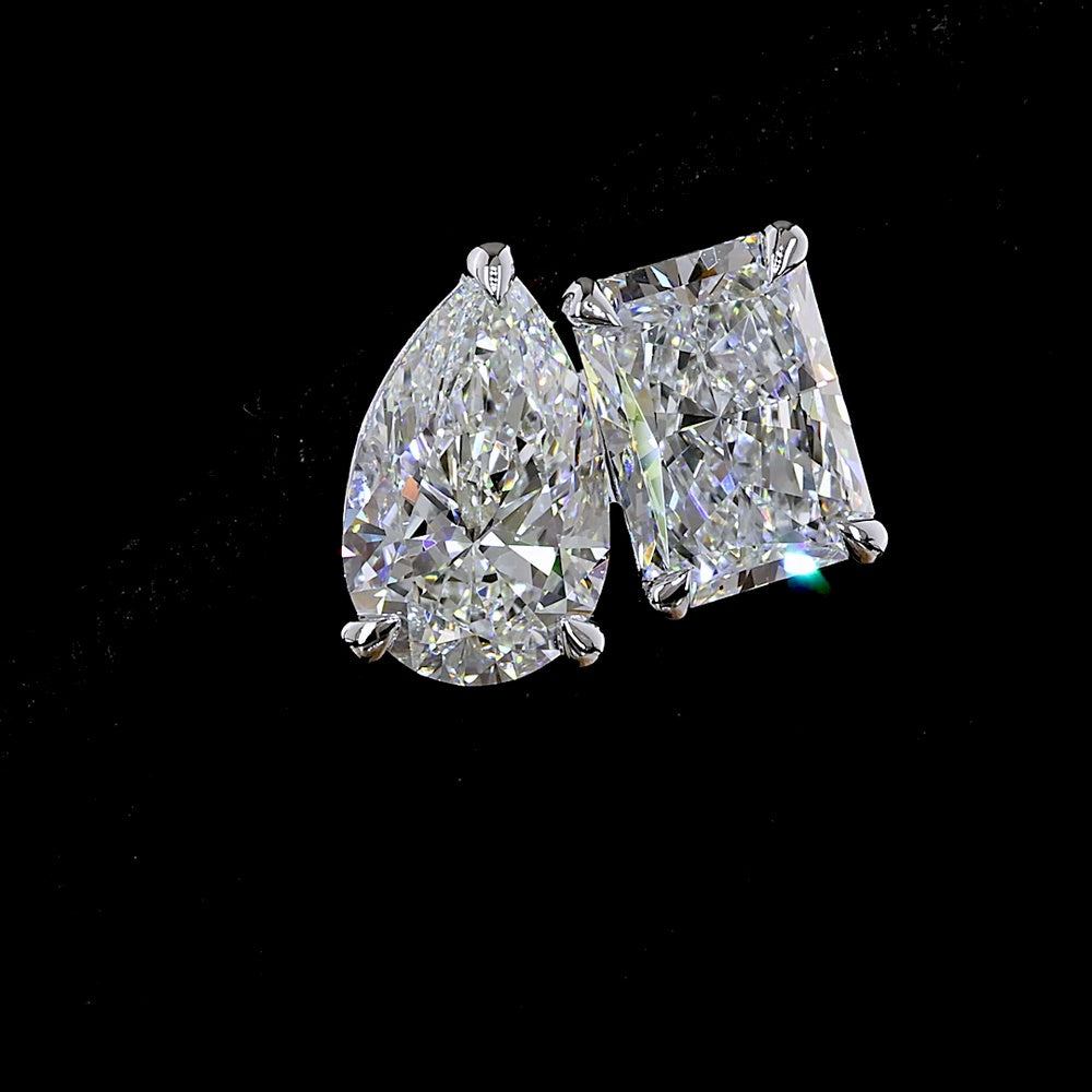 14K White Gold Toi et Moi Stud Earrings with Pear and Radiant Cut Lab Diamonds - 6.07 Total Carat Weight, E Color, VS1-VVS2 Clarity - Covaloro Fine Jewelry