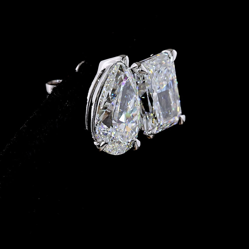 14K White Gold Toi et Moi Stud Earrings with Pear and Radiant Cut Lab Diamonds - 6.07 Total Carat Weight, E Color, VS1-VVS2 Clarity - Covaloro Fine Jewelry