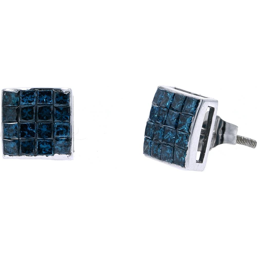14K White Gold Treated Blue Diamond Square Stud Earrings - 1.00 Carat Total Diamond Weight