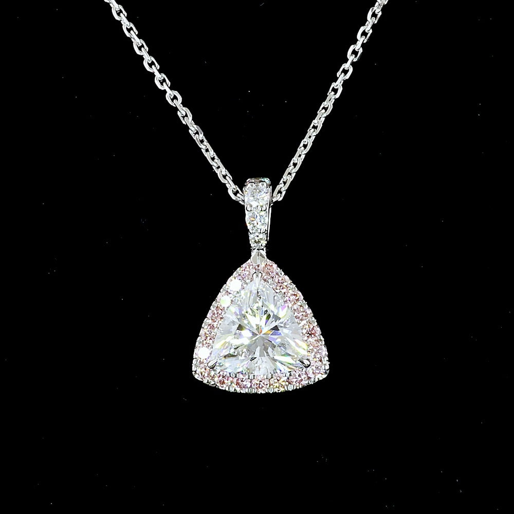 14K White Gold Triangle Shape Halo Pendant with Fancy Vivid Pink Lab Diamond and Brilliant Cut Accent Stones - 1.31 Total Carat Weight - Covaloro Fine Jewelry