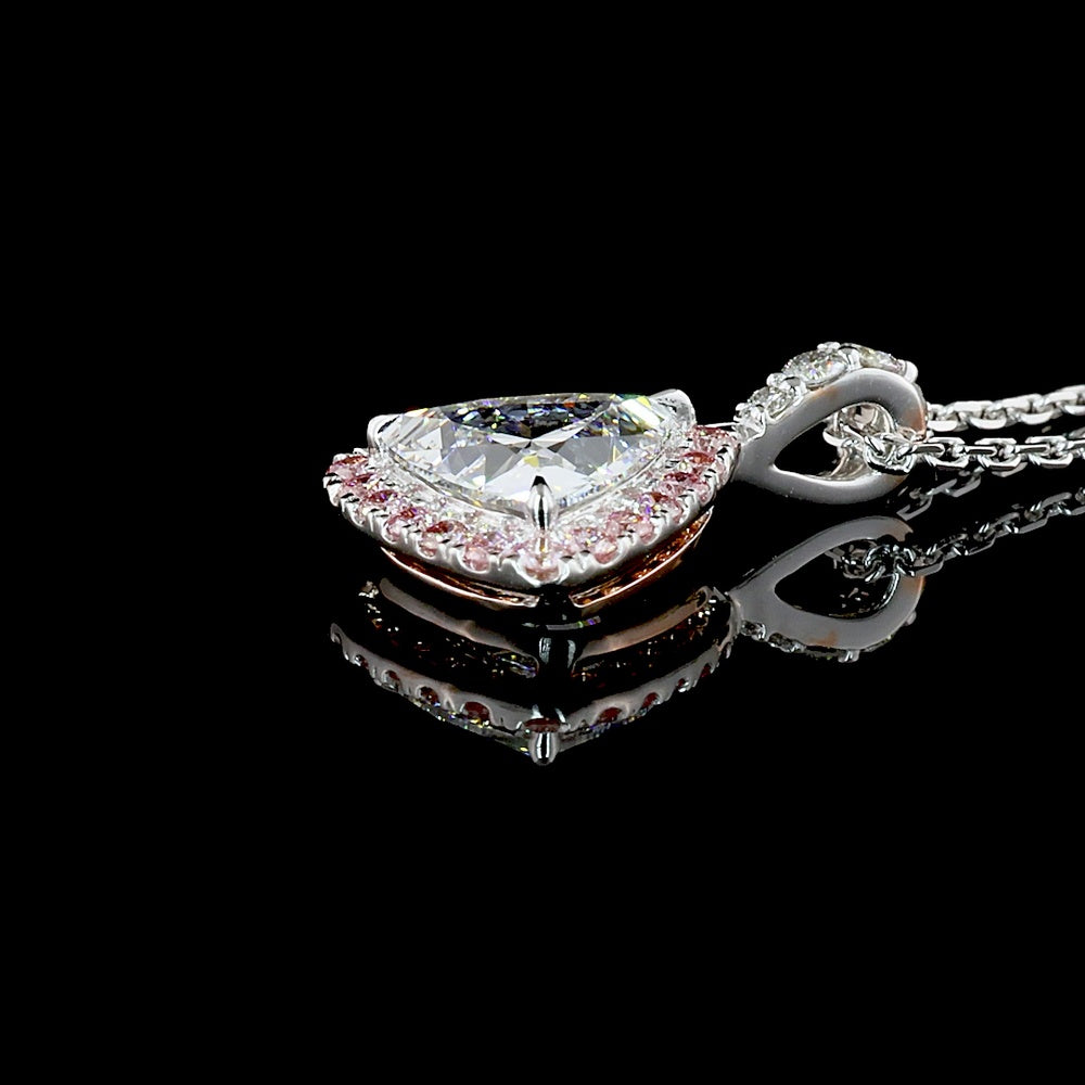 14K White Gold Triangle Shape Halo Pendant with Fancy Vivid Pink Lab Diamond and Brilliant Cut Accent Stones - 1.31 Total Carat Weight - Covaloro Fine Jewelry