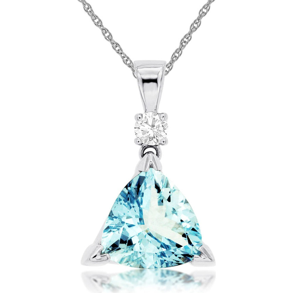 14K White Gold Trillion Cut Aquamarine Pendant with Round Diamond Accent - 2.20 Carat Aquamarine and 0.10 Carat Diamond - Royal Jewelry