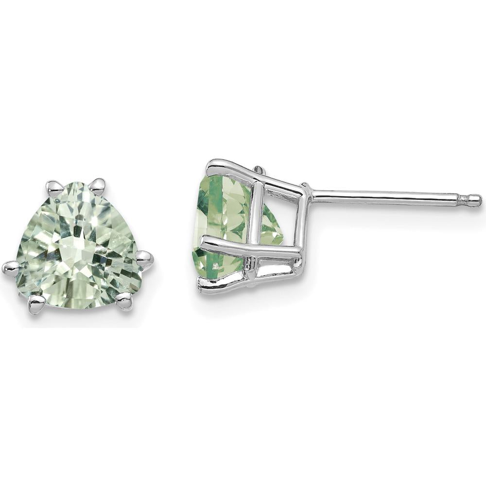 14K White Gold Trillion-Cut Green Quartz Stud Earrings with Checkerboard Cut - 1.30 Carat Total Green Quartz Weight by Monteluci Fine Jewelry