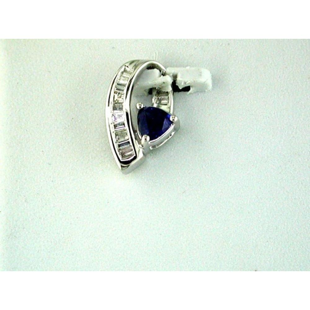 14K White Gold Trillion Cut Sapphire and Baguette Diamond Curve Pendant – 0.30 Carat Sapphire, 0.20 Carat Diamond Total Weight - Royal Jewelry