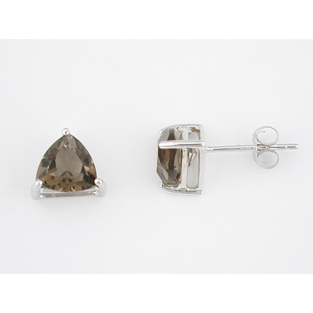14K White Gold Trillion Cut Smoky Quartz Stud Earrings - 2.20 Carat Total Gem Weight - Royal Jewelry