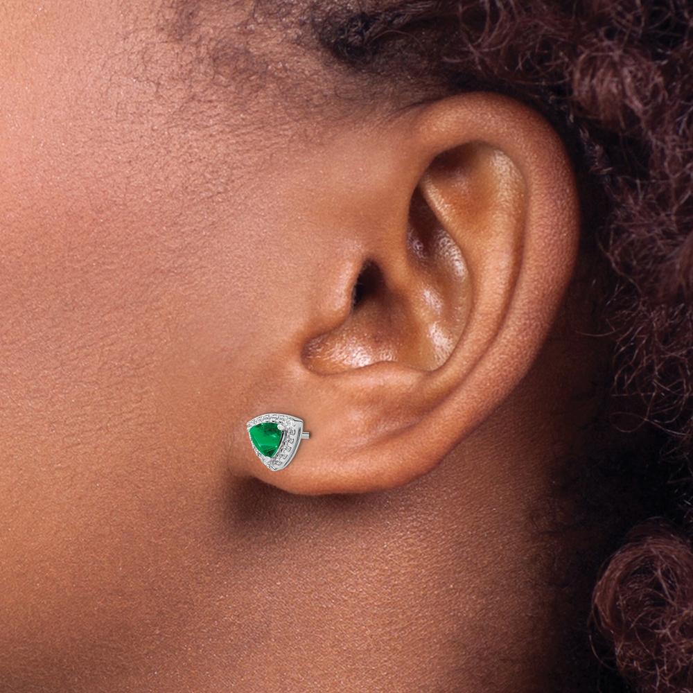 14K White Gold Trillion Emerald and Diamond Halo Earrings - 0.4275 Carat Total Emerald Weight by Monteluci Fine Jewelry