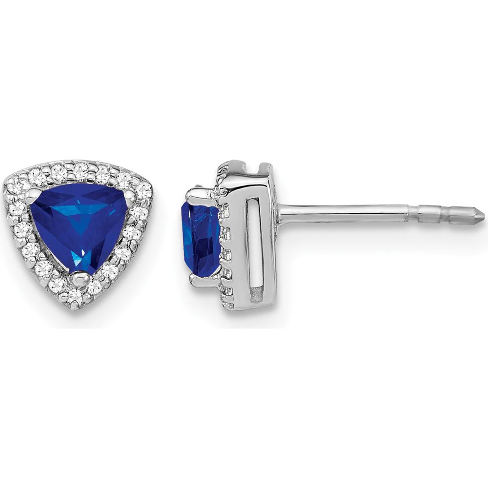 14K White Gold Trillion Sapphire and Diamond Halo Earrings - 0.43 Carat Total Sapphire Weight, 0.01 Carat Total Diamond Weight by Monteluci Fine Jewelry