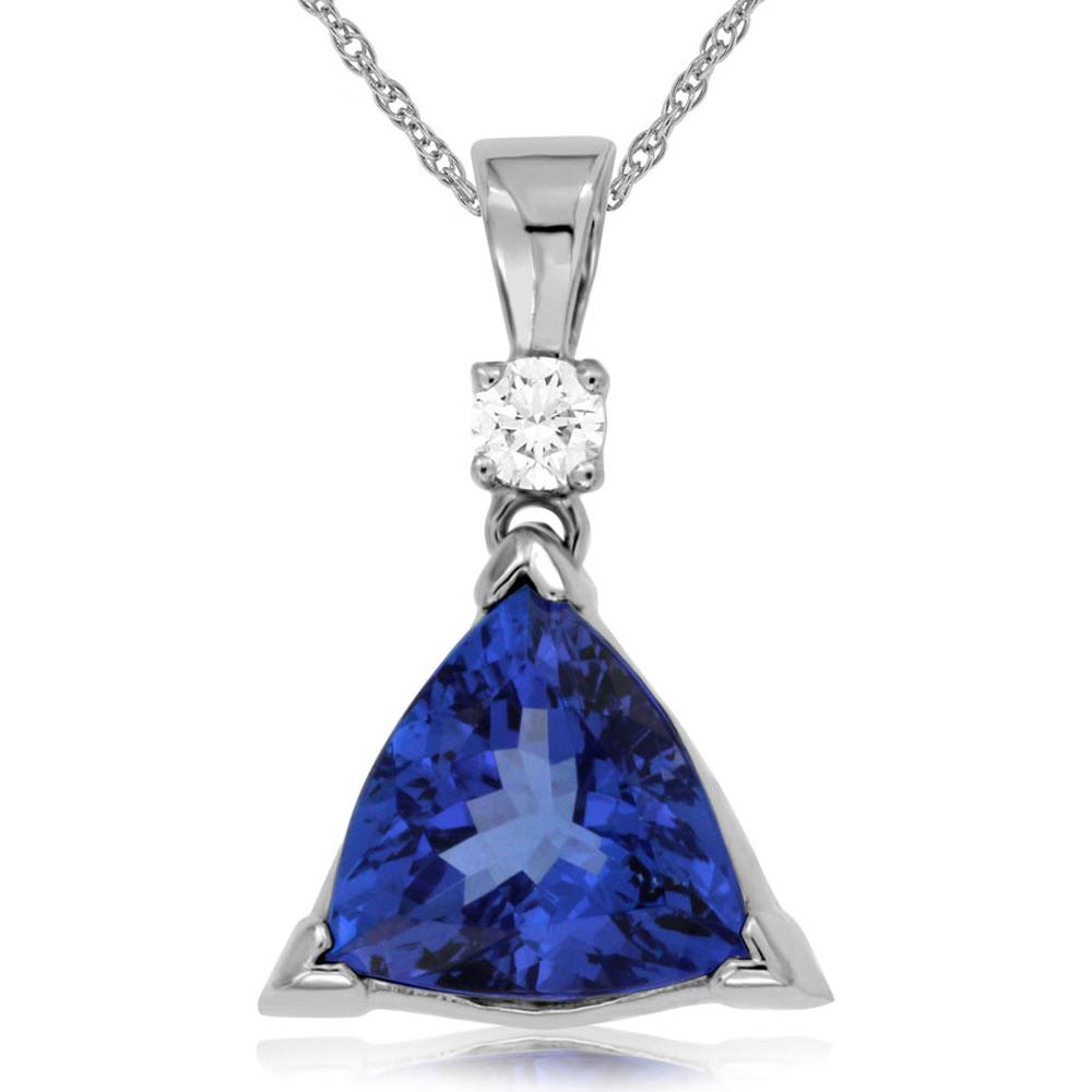 14K White Gold Trillion Tanzanite and Round Diamond Pendant Necklace - 2.50 Carat Tanzanite and 0.10 Carat Diamond Weight - Royal Jewelry
