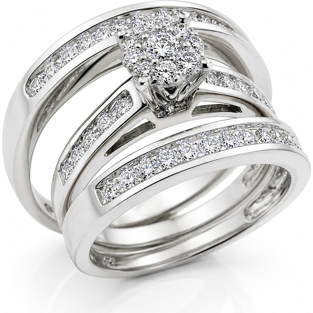 14K White Gold Trio Bridal Set with Pavé Set Round Diamond Cluster Engagement Ring and Matching Bands - 1.00 Carat Total Diamond Weight by Auriventus