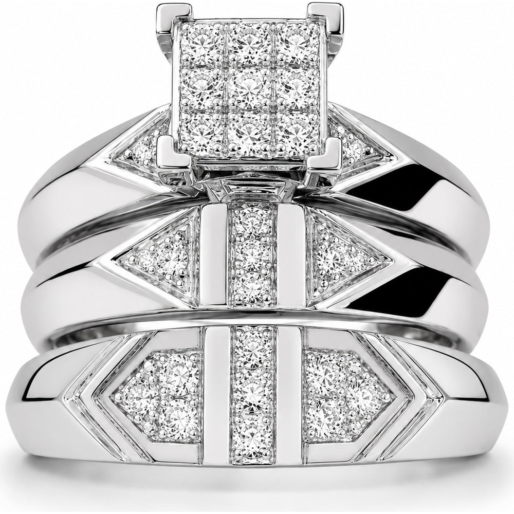 14K White Gold Trio Bridal Set with Square Composite and Geometric Micro-Pavé Round Diamonds - 0.47 Carat Total Diamond Weight by Auriventus