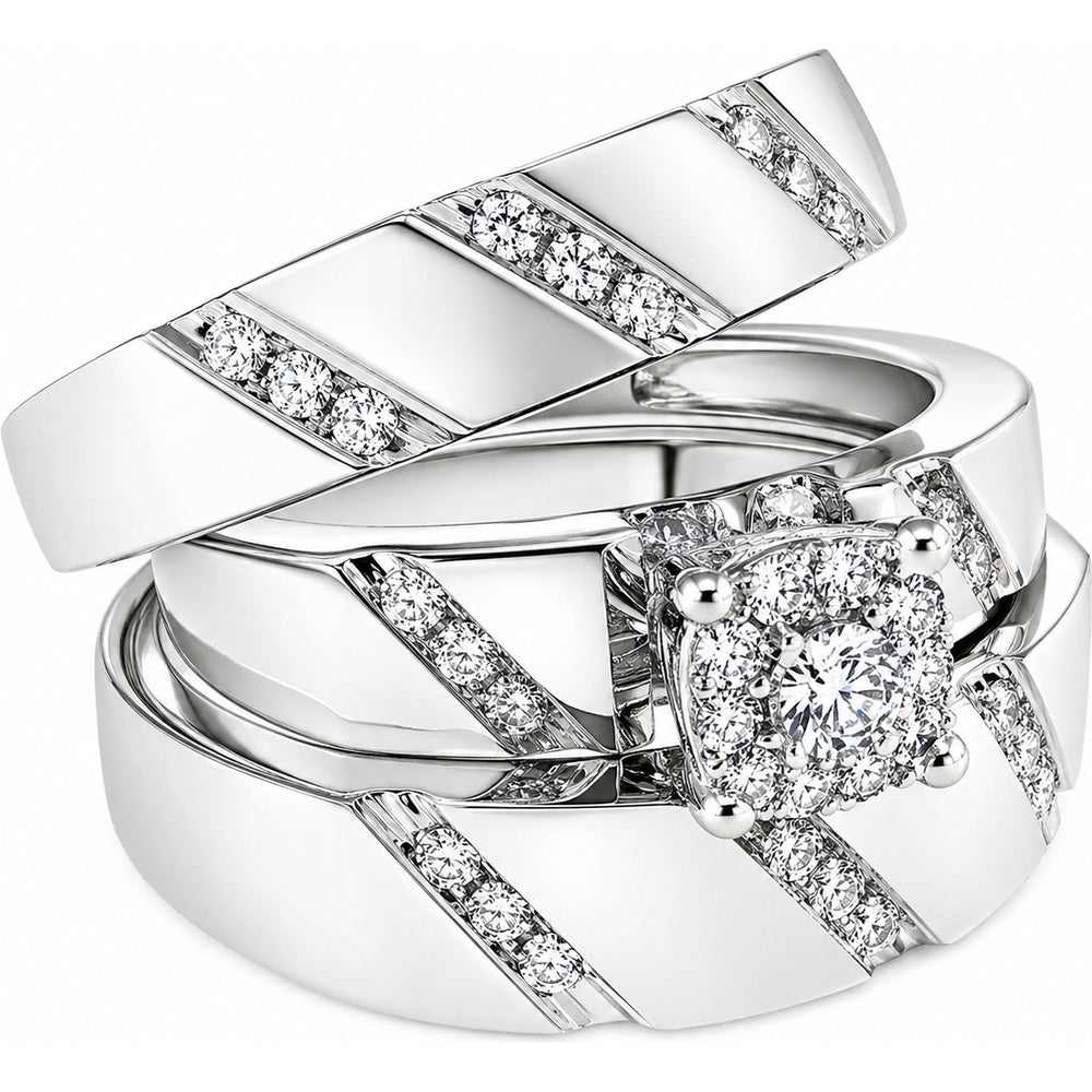 14K White Gold Trio Ring Set with Halo Set Round Diamonds - 0.66 Carat Total Diamond Weight by Auriventus