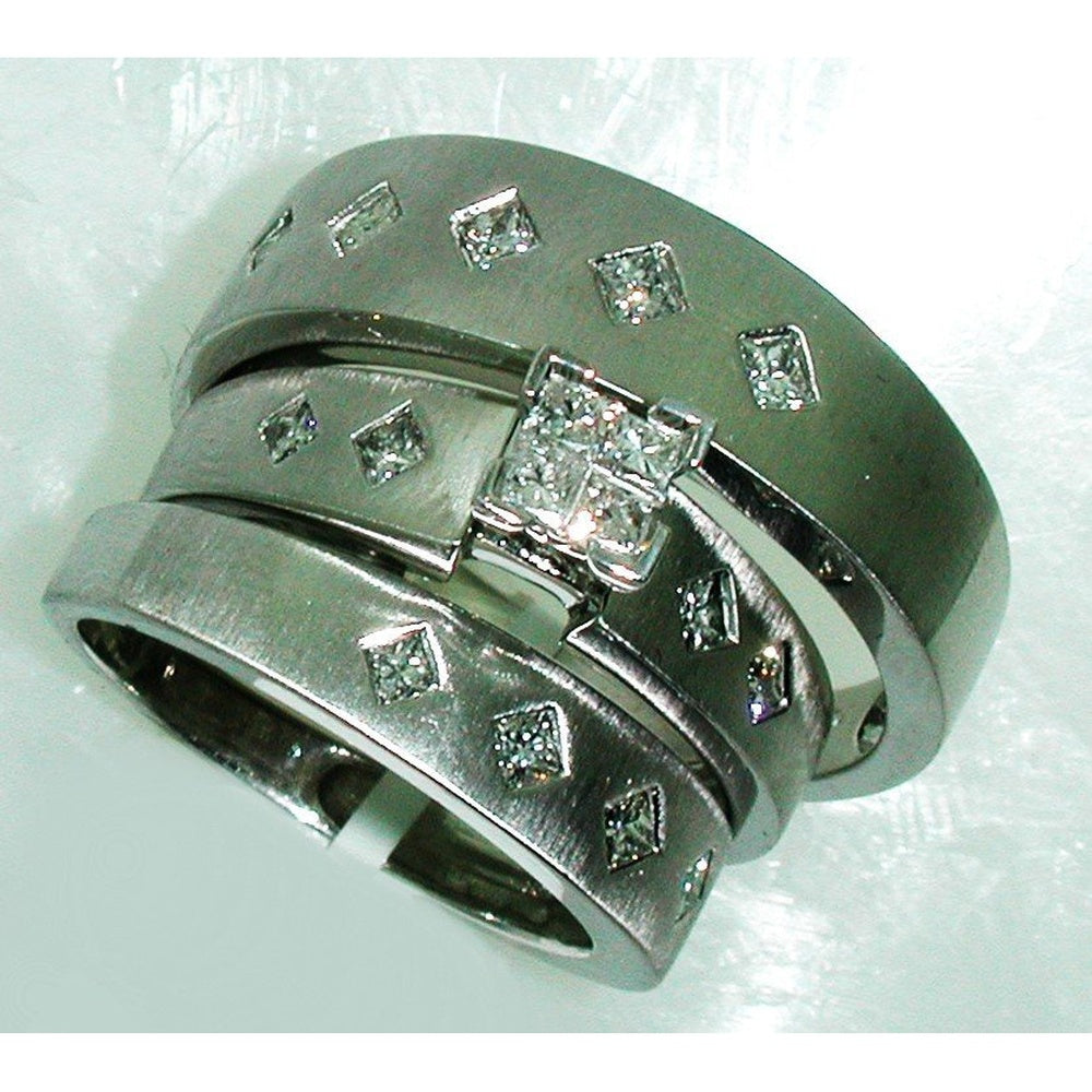 14K White Gold Trio Ring Set with Princess Cut Square Cluster Diamonds - 0.79 Carat Total Diamond Weight by Auriventus