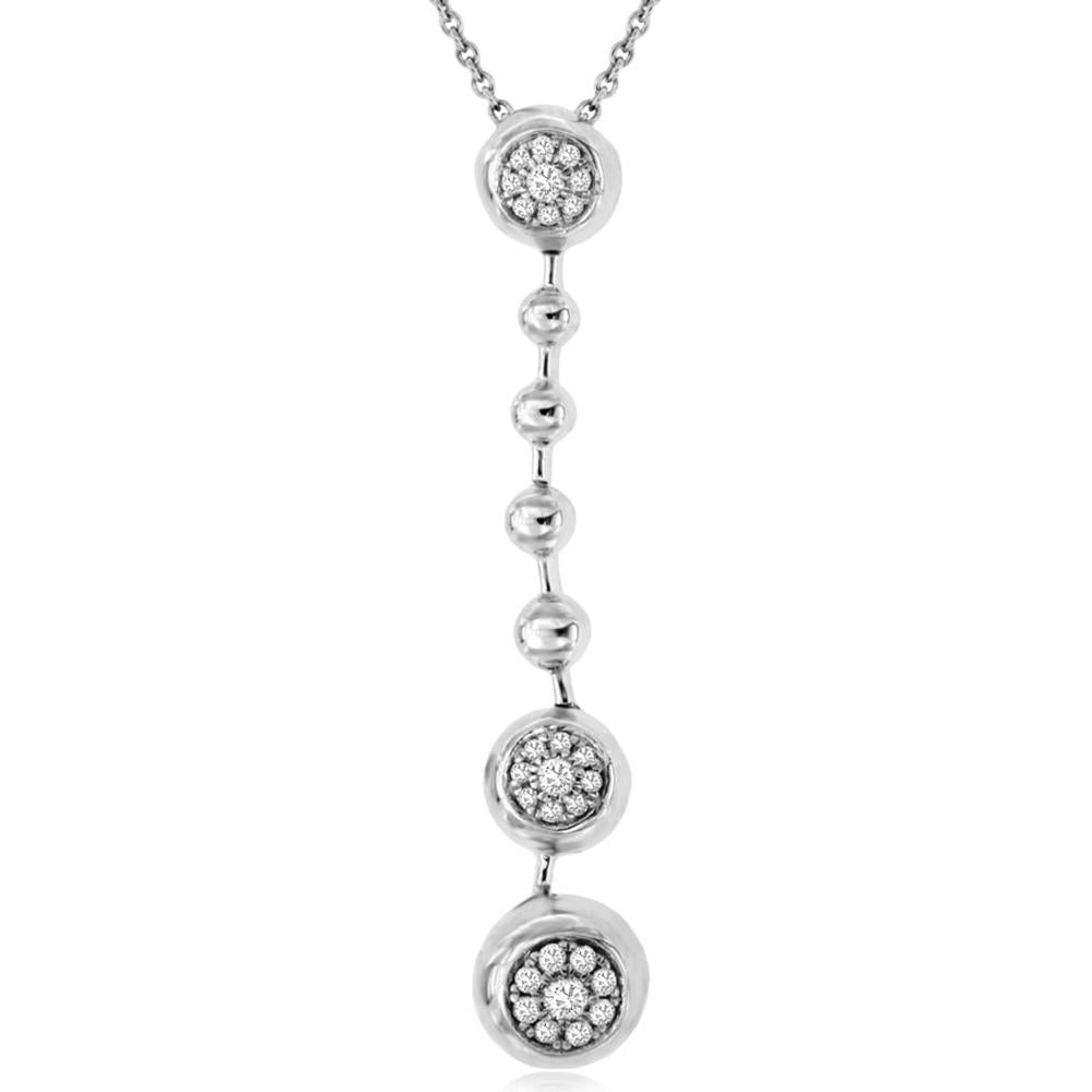 14K White Gold Triple Cluster Diamond Drop Necklace with Beaded Bar and Round Brilliant Diamonds - 0.11 Carat Total Diamond Weight - Royal Jewelry