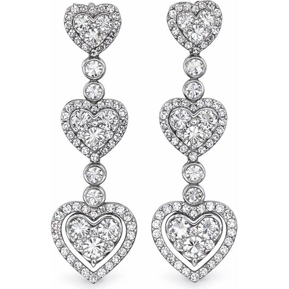 14K White Gold Triple Heart Dangle Earrings with Milgrain Halo Set Round Diamonds - 3.30 Carat Total Diamond Weight by Auriventus