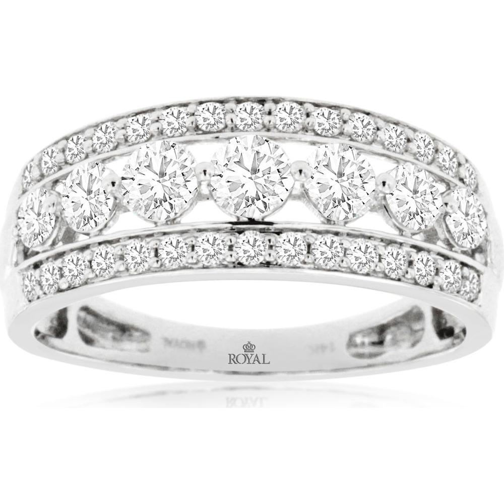 14K White Gold Triple Row Diamond Wedding Band with Bar-Set Round Brilliant Stones and Milgrain Details - 1.00 Carat Total Diamond Weight - Royal Jewelry