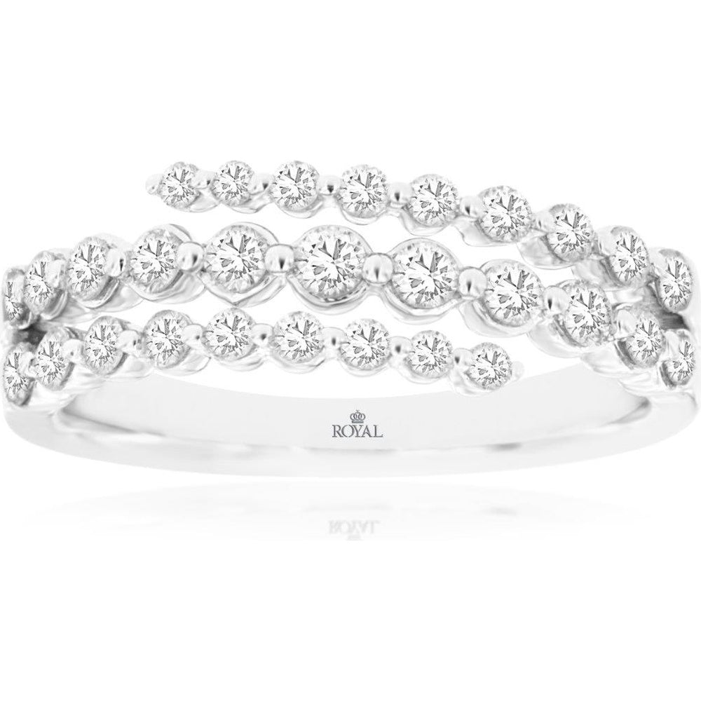 14K White Gold Triple-Row Graduated Diamond Ring with Shared Prong Set Round Brilliant Diamonds - 0.68 Carat Total Diamond Weight - Royal Jewelry
