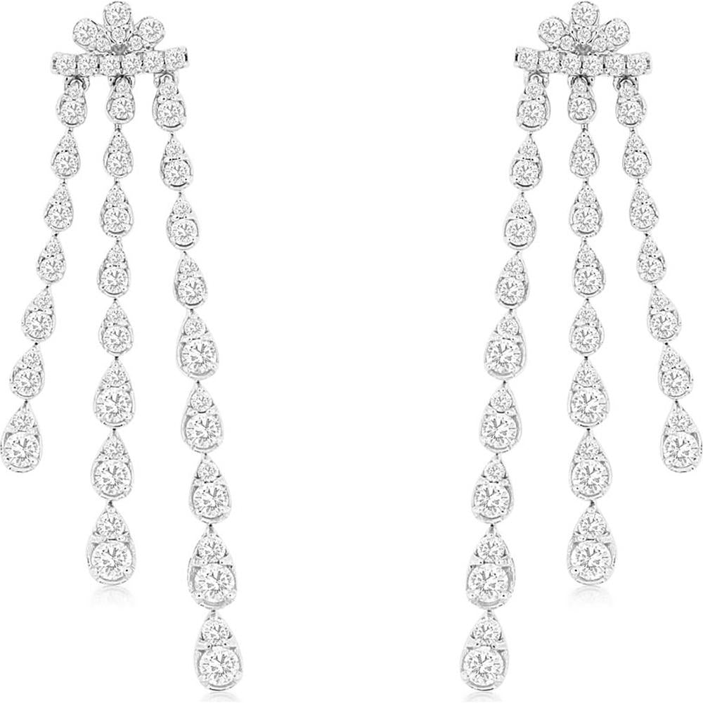 14K White Gold Triple-Strand Diamond Drop Earrings with Pear and Round Cut Stones - 2.00 Carat Total Weight - Royal Jewelry