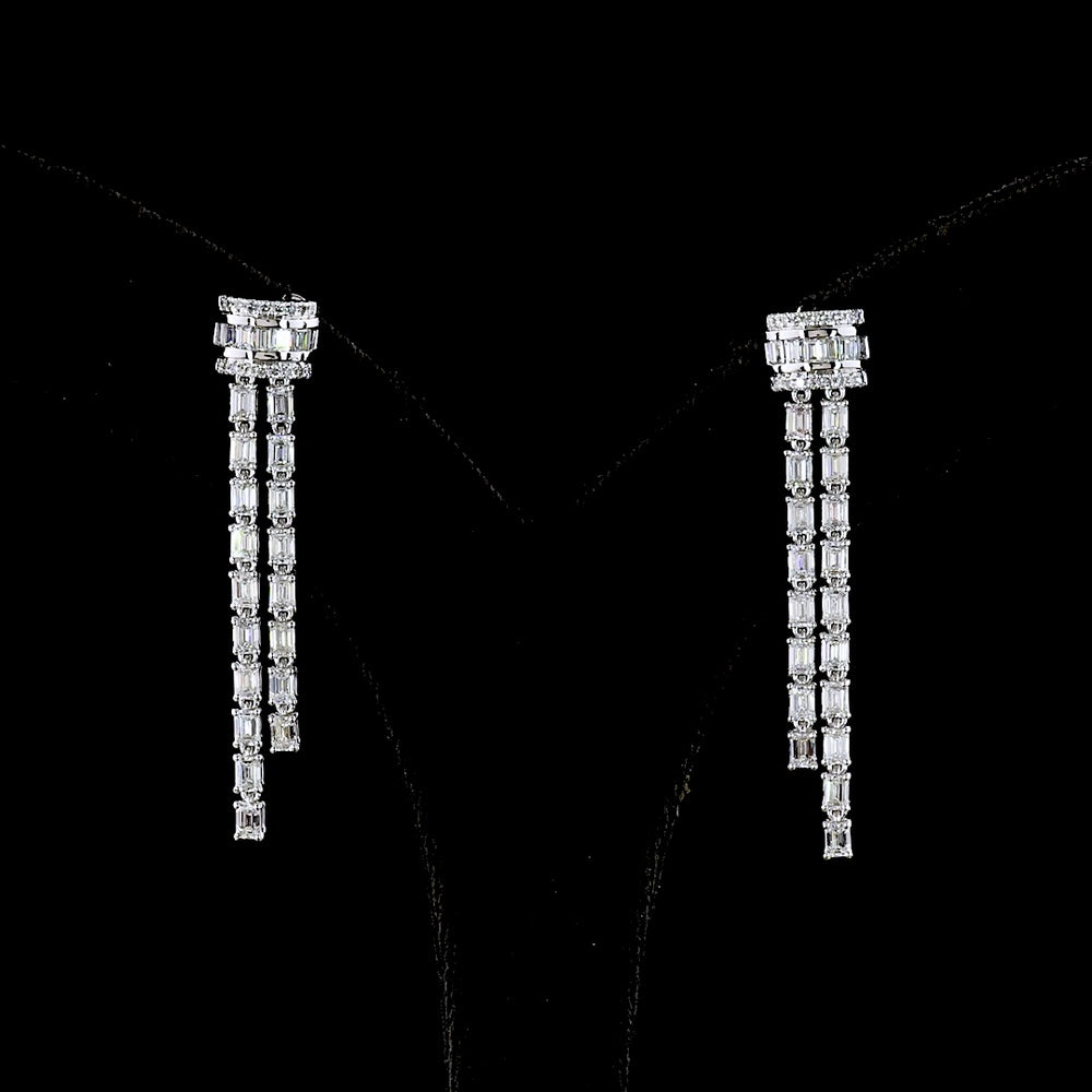 14K White Gold Triple-Strand Hanging Earrings with Emerald Cut Lab Diamonds - 2.84 Carats Total Diamond Weight - Covaloro Fine Jewelry