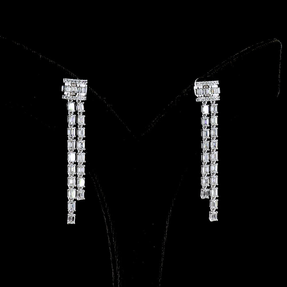 14K White Gold Triple-Strand Hanging Earrings with Emerald Cut Lab Diamonds - 2.84 Carats Total Diamond Weight - Covaloro Fine Jewelry