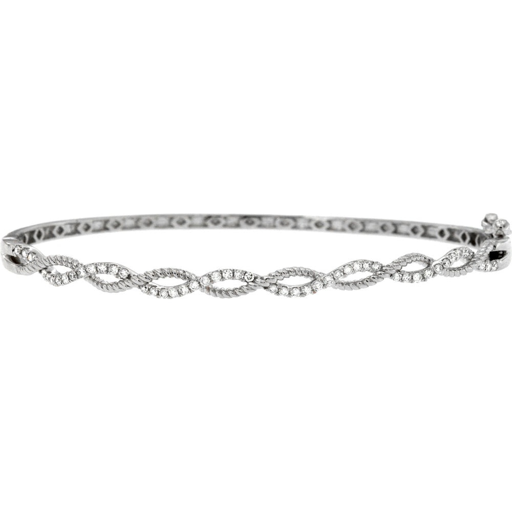 14K White Gold Twist Bangle Bracelet with Milgrain Edge and Round Diamond Accents - 0.36 Carat Total Diamond Weight - Royal Jewelry