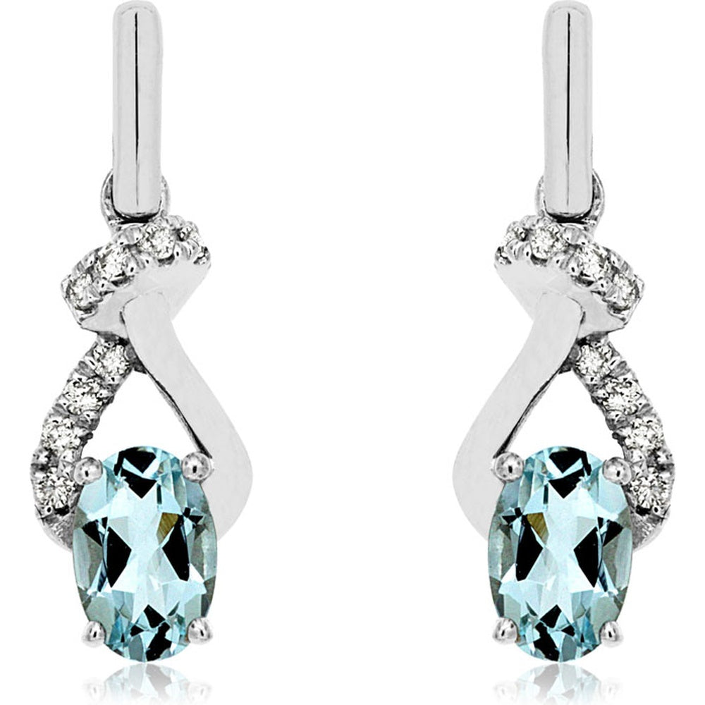 14K White Gold Twist Drop Earrings with Oval Aquamarine and Pavé Diamond Accents - 0.85 Carat Total Aquamarine Weight and 0.10 Carat Total Diamond Weight - Royal Jewelry