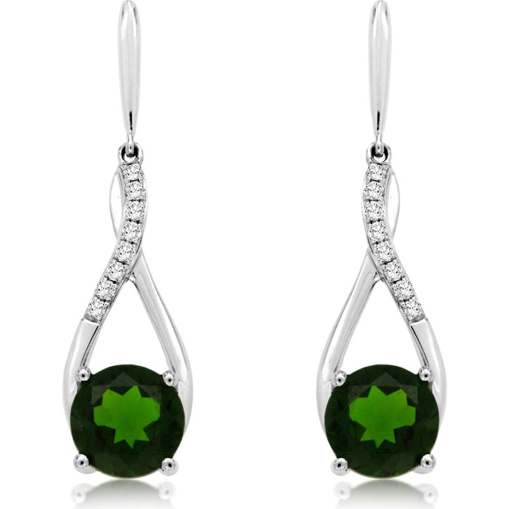 14K White Gold Twist Drop Earrings with Pavé Diamonds and Round-Cut Russalite Gemstones - 0.10 Carat Total Diamond Weight & 2.90 Carat Total Russalite Weight - Royal Jewelry