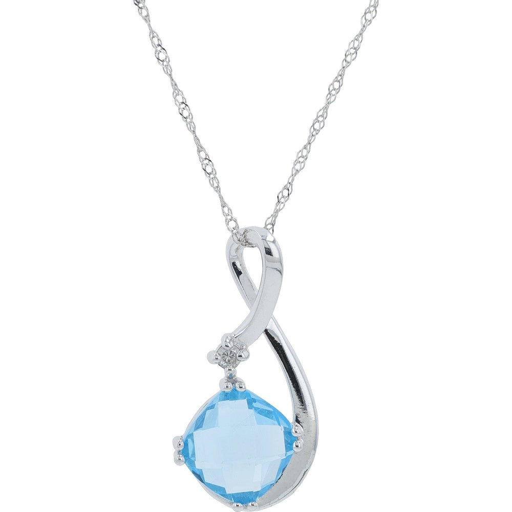 14K White Gold Twist Pendant with Cushion-Cut Blue Topaz and Diamond Accent - 0.03 Carat Total Diamond Weight on 18-Inch Chain