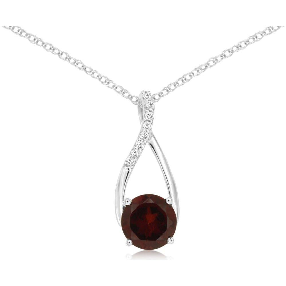 14K White Gold Twist Pendant with Round Garnet and Diamond Accents - 1.55 Carat Garnet, 0.05 Carat Diamond - Royal Jewelry