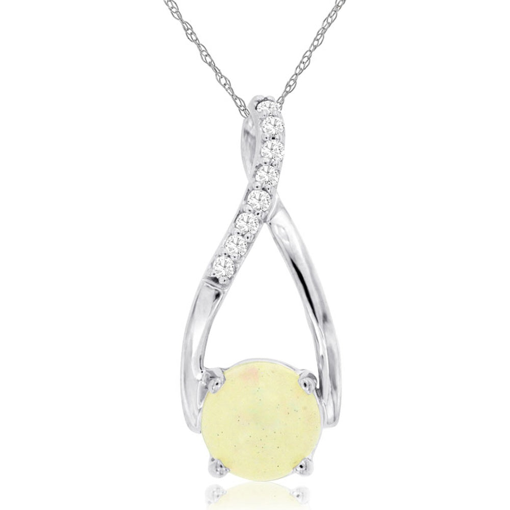 14K White Gold Twist Pendant with Round Opal and Pave Set Diamond Accent - 0.85 Carat Opal and 0.05 Carat Total Diamond Weight - Royal Jewelry